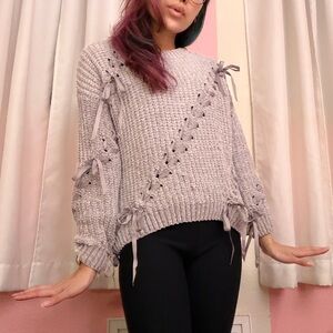 Coquette Cozy Light Gray Knit Sweater with Ribbons 🎀 (from Japan)